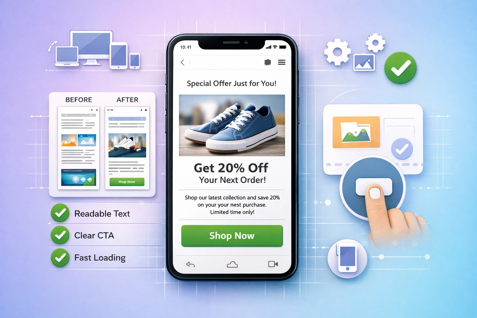 Otimização de design de e-mail mobile-first mostrando layout responsivo e botões acessíveis