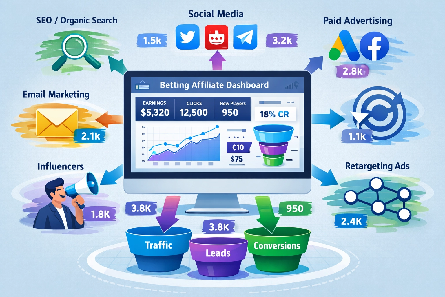 Diversos canais de tráfego alimentando o dashboard de afiliados de apostas