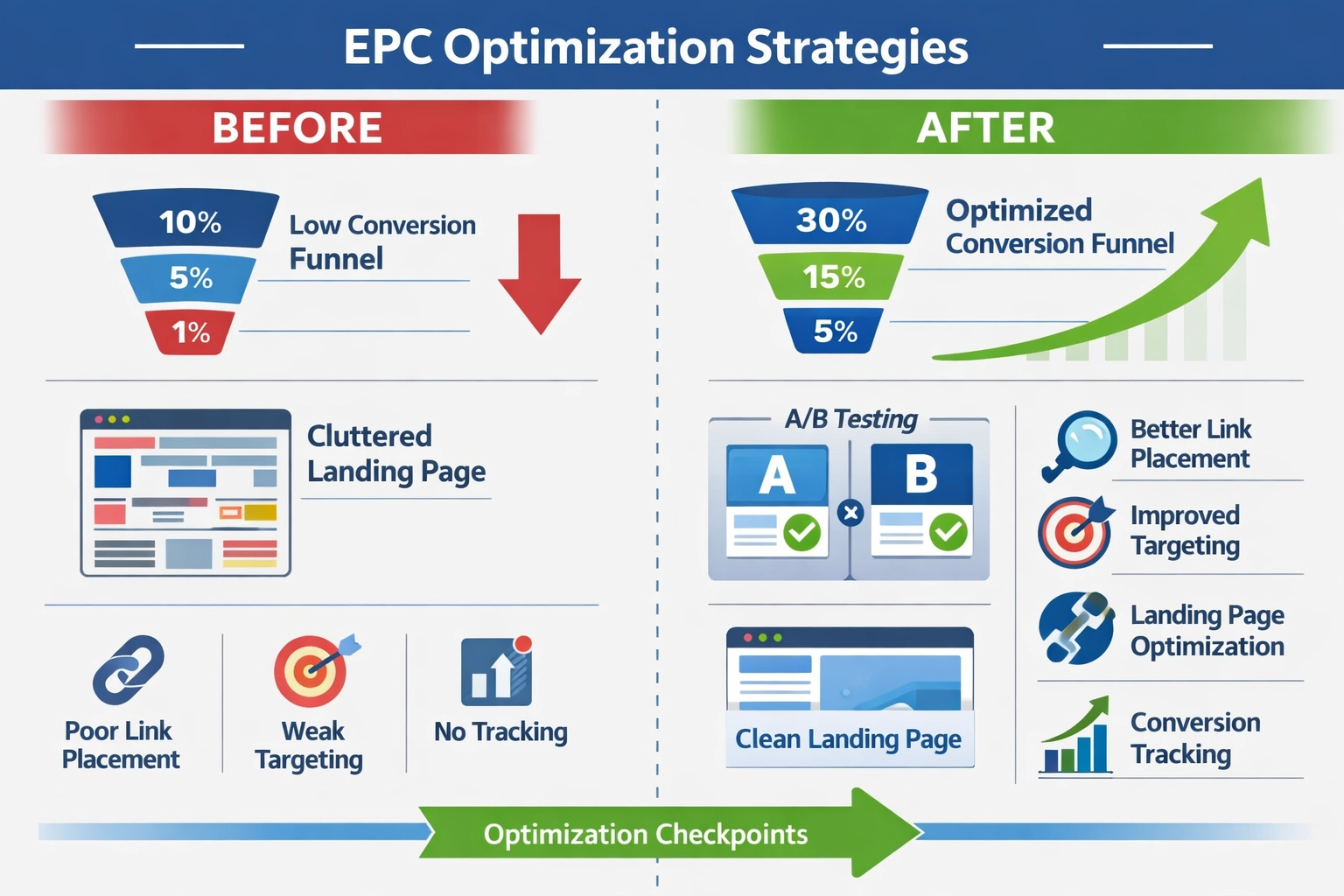 Estratégias de otimização de EPC mostrando antes e depois