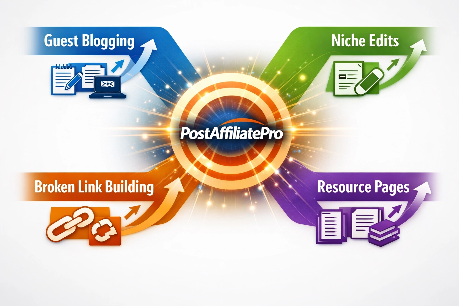 Infographic showing different link building strategies as paths leading to a central goal with PostAffiliatePro as the hub