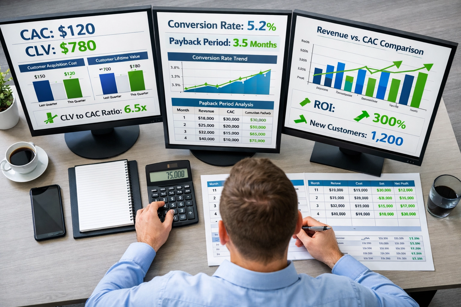 Analista de dados revisando métricas e analytics de aquisição de clientes