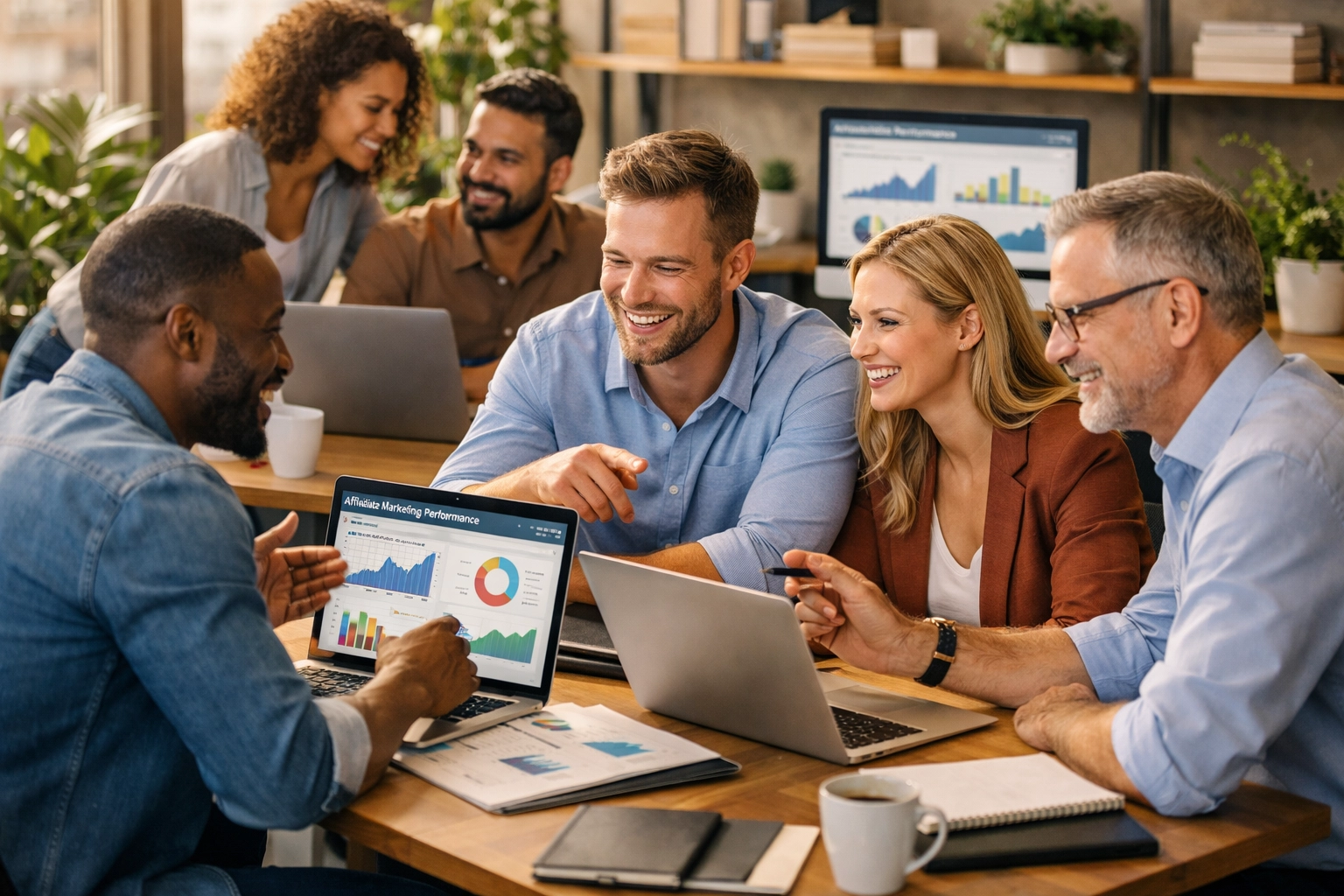 Equipe profissional de afiliados diversos colaborando em um ambiente moderno de escritório