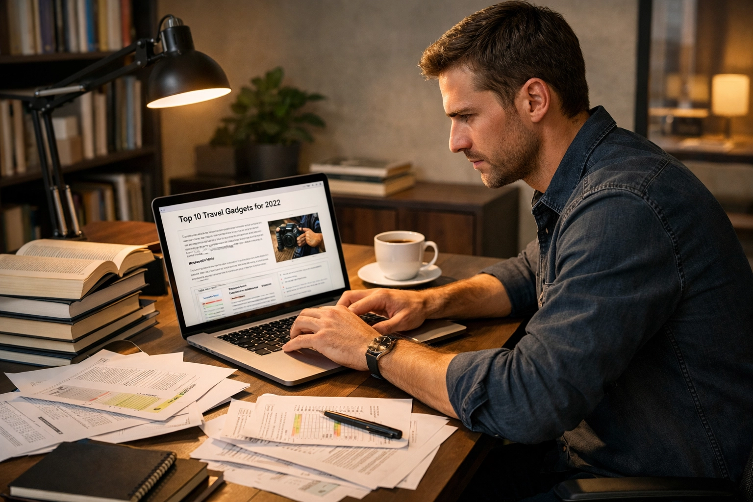 Criador de conteúdo trabalhando em material de afiliados de qualidade com materiais de pesquisa
