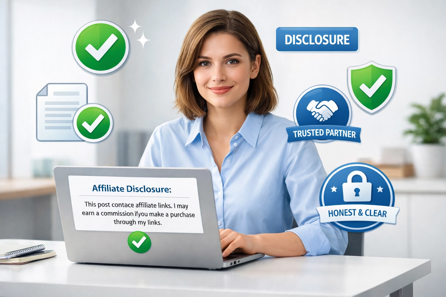 Conceito de divulgação transparente no marketing de afiliados com indicadores de confiança