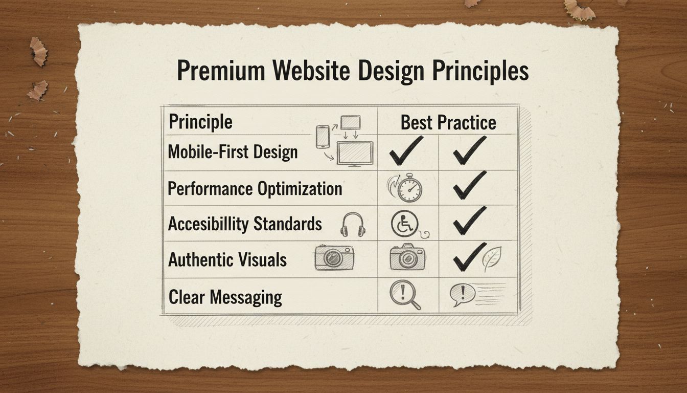 Comparação de princípios de design de site premium mostrando melhores práticas e erros comuns