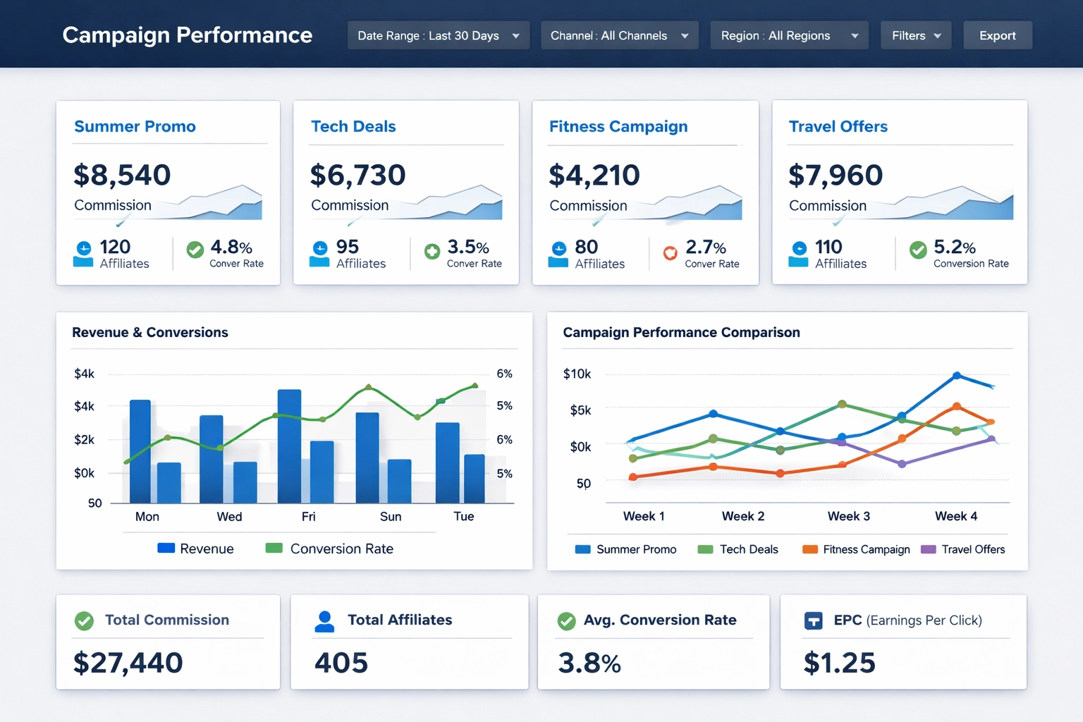 Painel de desempenho de campanha mostrando métricas e KPIs de comissão