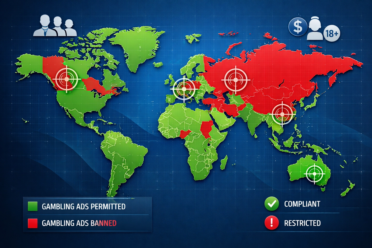 Visualização de mapa-múndi mostrando regulamentações de publicidade de jogos por região, com zonas de conformidade coloridas e indicadores de segmentação