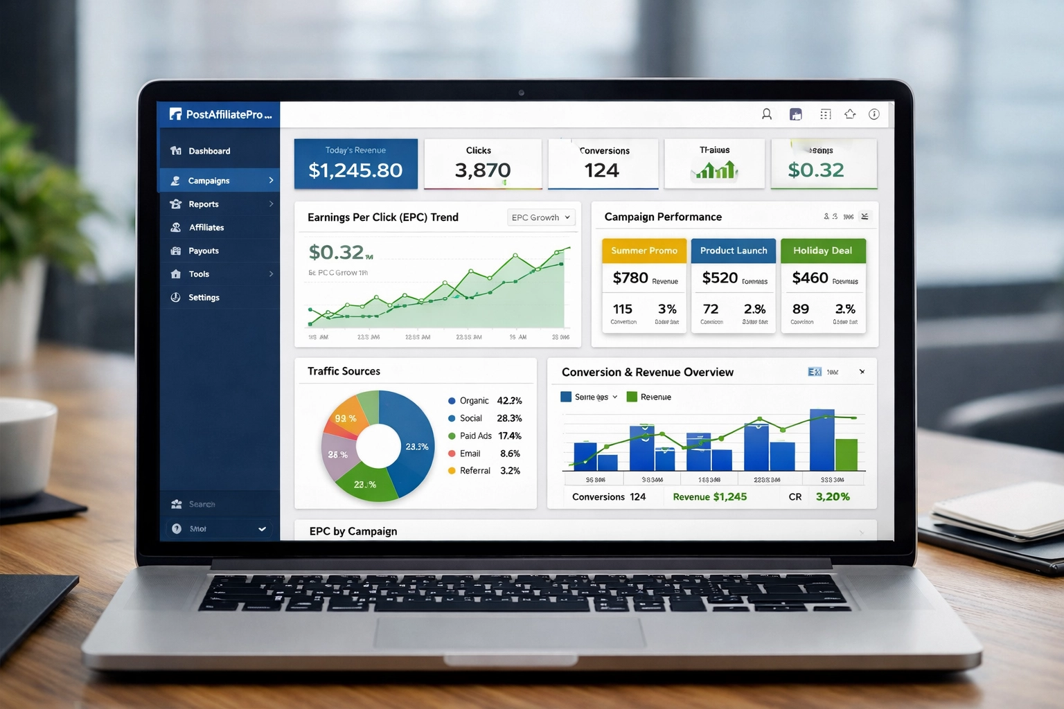 Painel de análises do PostAffiliatePro mostrando dados de rastreamento em tempo real e métricas de desempenho do EPC