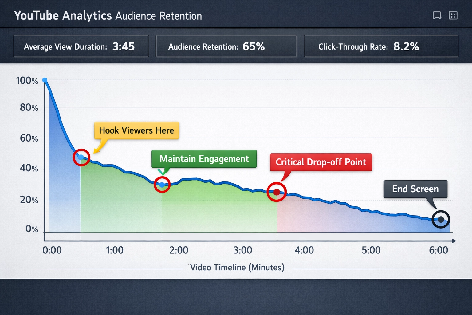 Gráfico de retenção do YouTube Analytics mostrando pontos de queda e métricas de engajamento