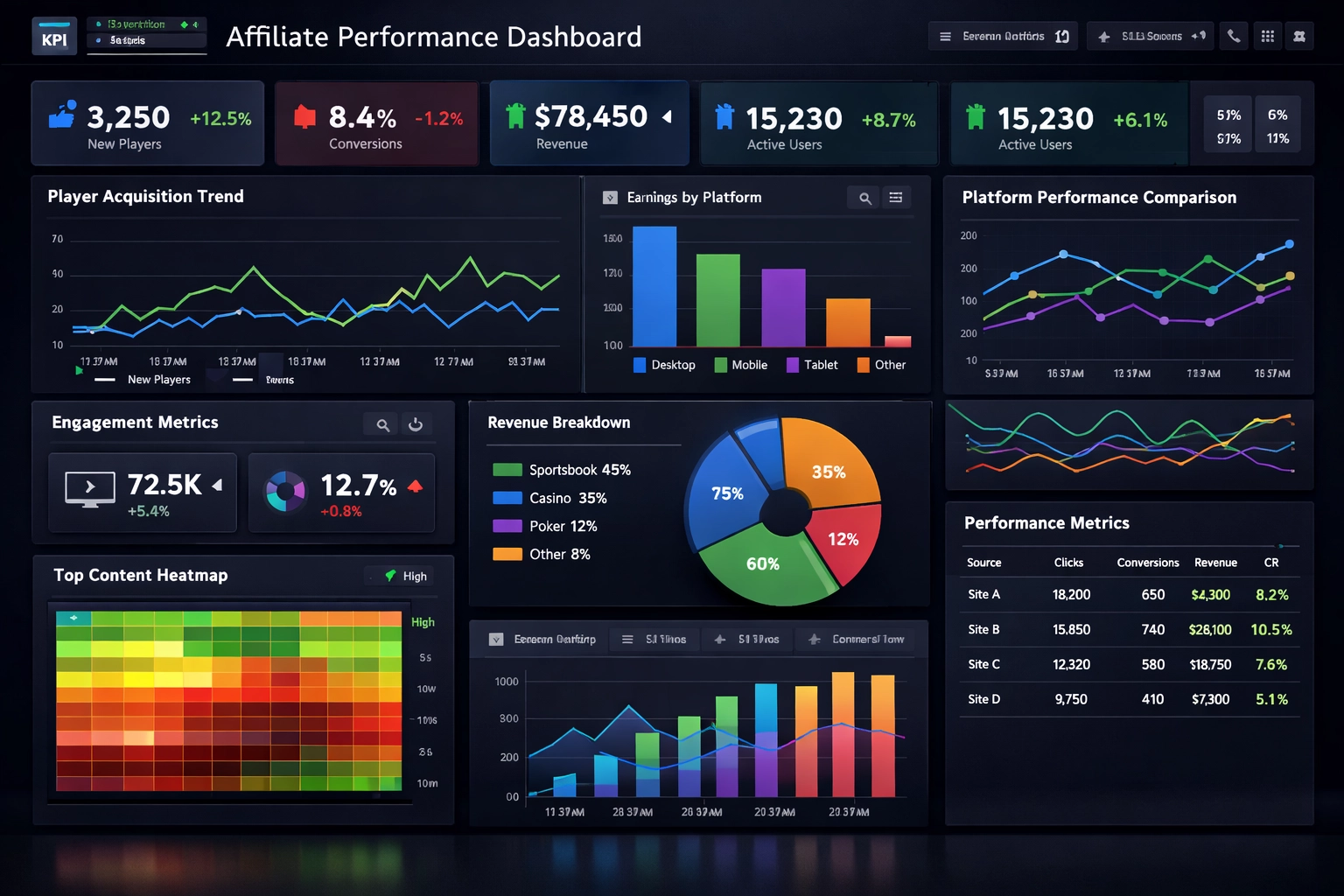 Dashboard analítico para performance de afiliados de apostas