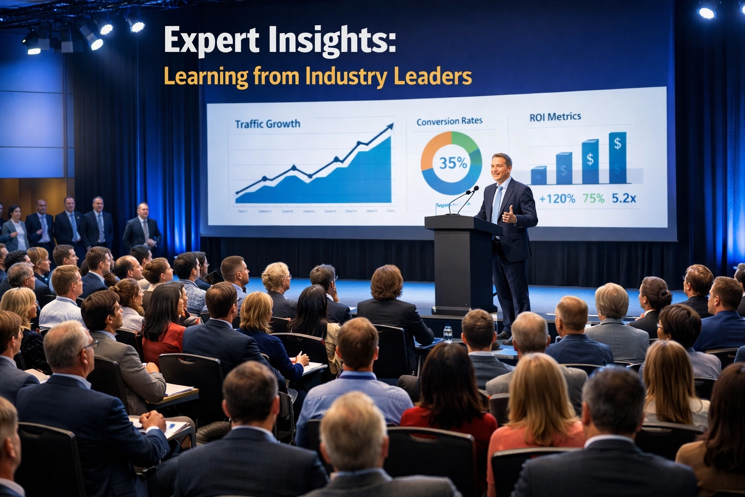 Palestrante profissional apresentando para audiência engajada em conferência de marketing