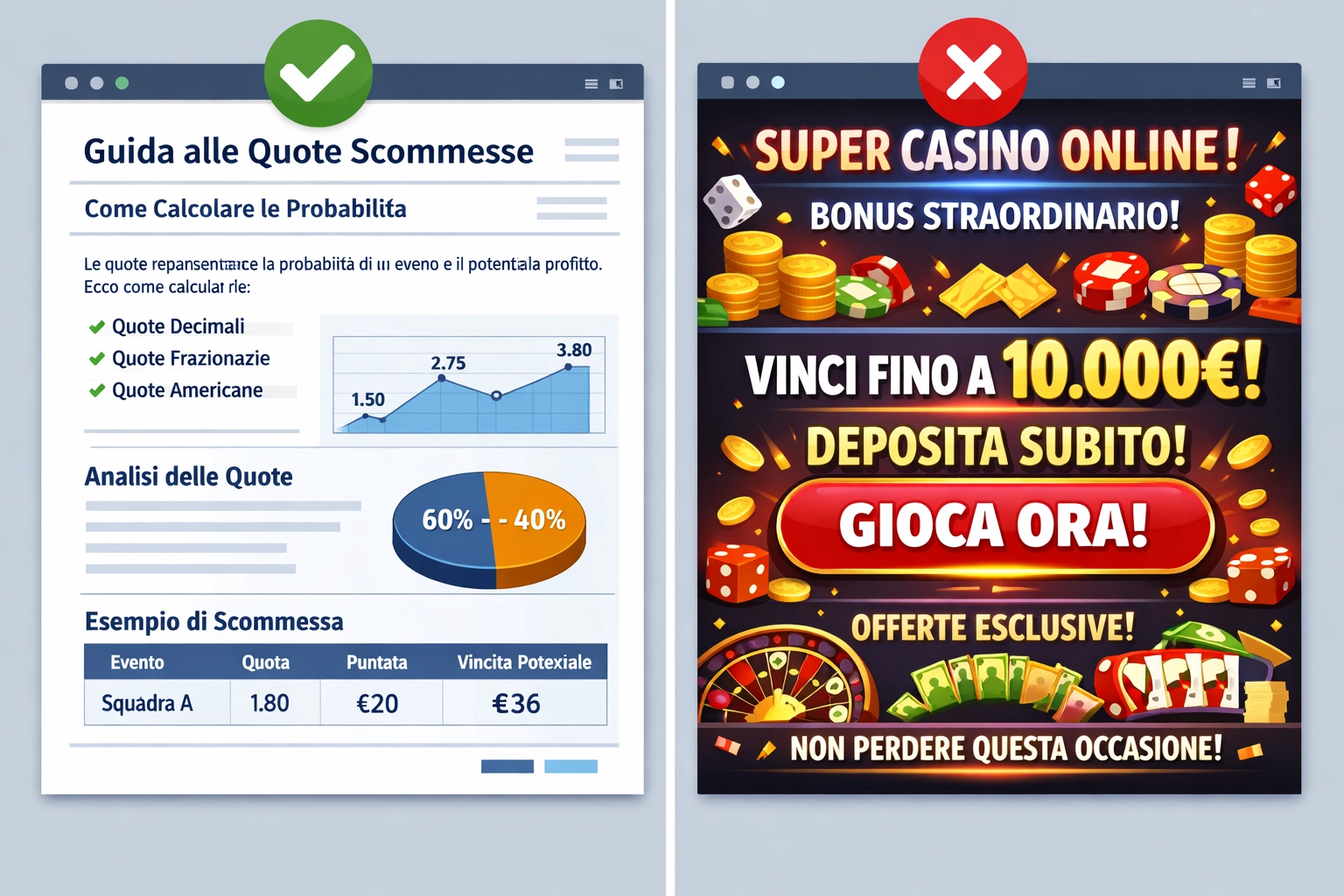 Exemplos de conteúdo de afiliados em conformidade e não conformidade