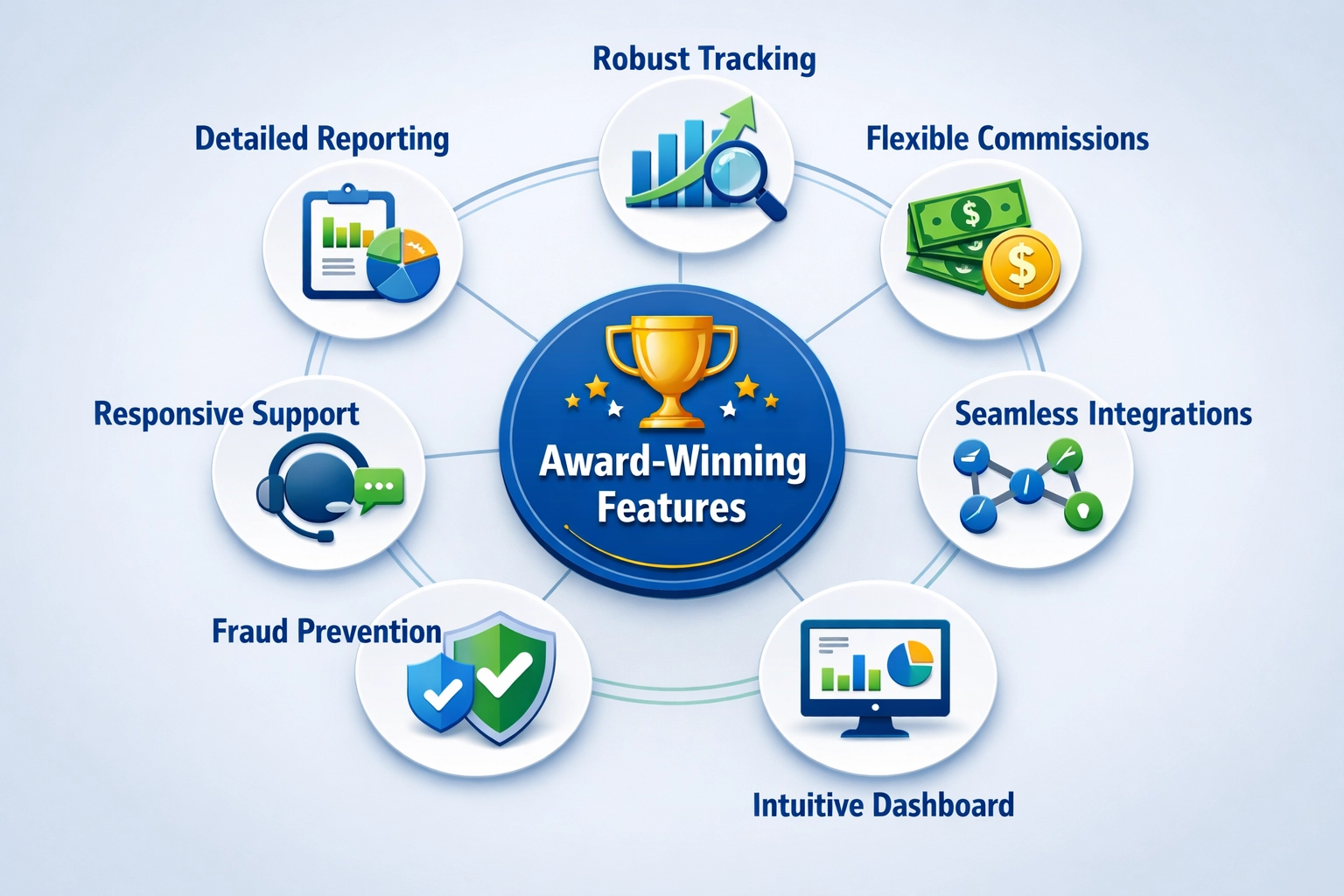 Infographic showing key features of award-winning affiliate software including tracking, commissions, integrations, dashboard, support, fraud prevention, and reporting
