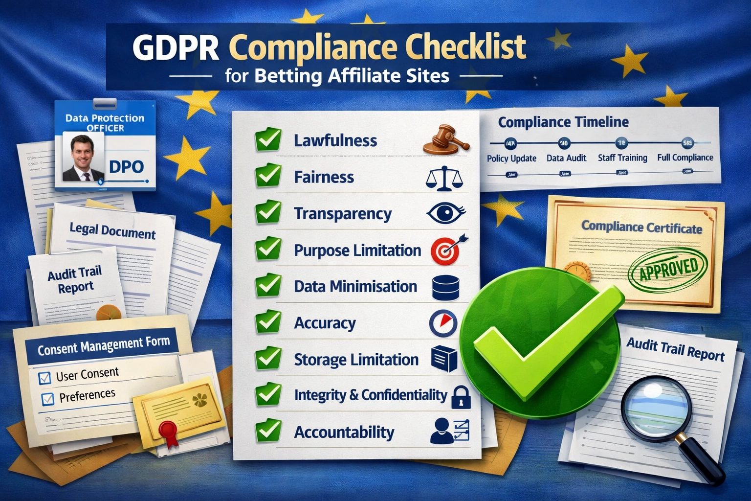 Checklist de conformidade GDPR com bandeira da UE e selos de conformidade