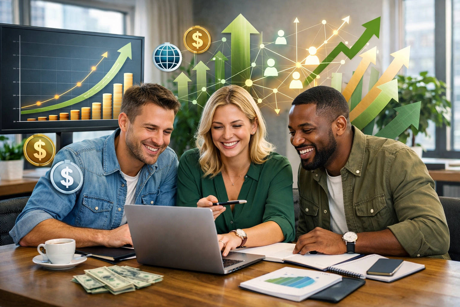 Team scaling affiliate marketing business with growth indicators and multiple income streams