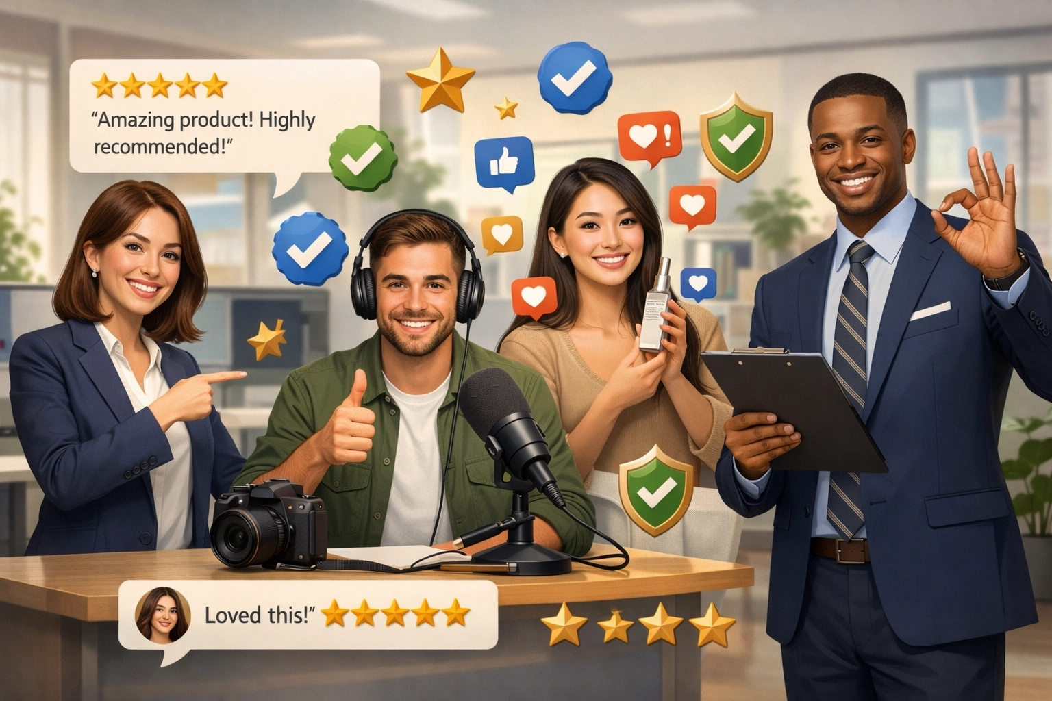 Profissionais e influenciadores diversos endossando produtos com símbolos de confiança e selos de credibilidade