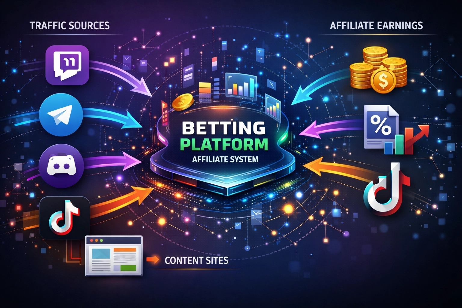 Diagrama de rede de fontes de tráfego mostrando Twitch, Telegram, Discord, TikTok, YouTube e sites de conteúdo