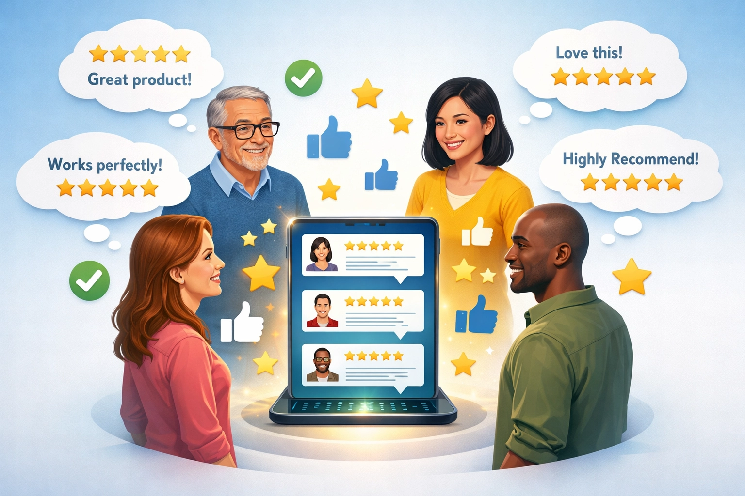 Psicologia da prova social mostrando pessoas diversas tomando decisões baseadas nas experiências positivas de outros