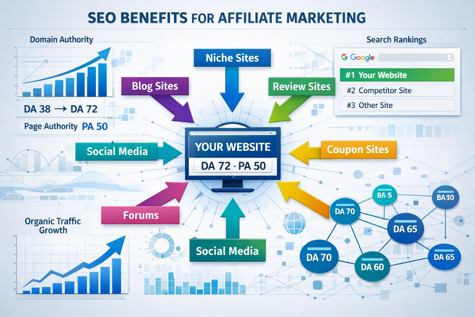 Visualização dos benefícios de SEO mostrando backlinks e aumento de autoridade de domínio por meio do marketing de afiliados