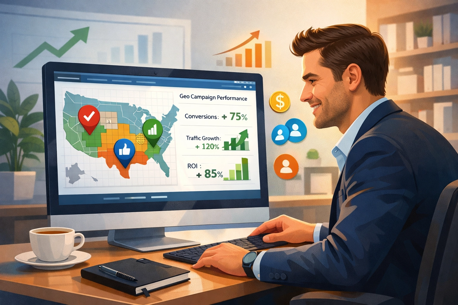 Dono de pequena empresa analisando resultados de campanha de geotargeting no computador com painel de métricas e indicadores de sucesso