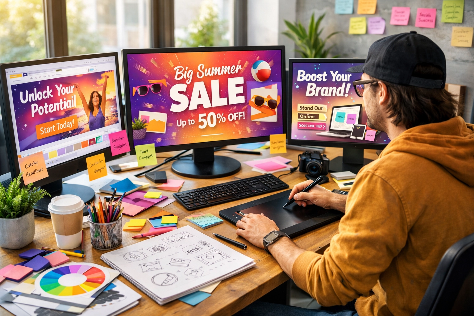 Espaço criativo de produção de conteúdo com ferramentas de design e materiais para brainstorming