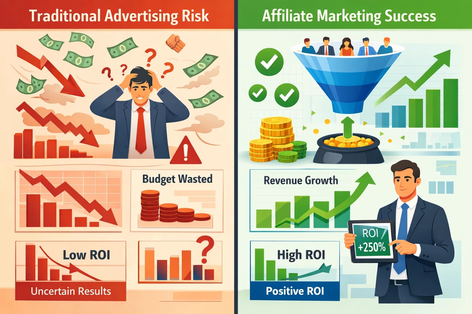 Infográfico comparativo mostrando o sucesso do marketing de afiliados versus o risco da publicidade tradicional