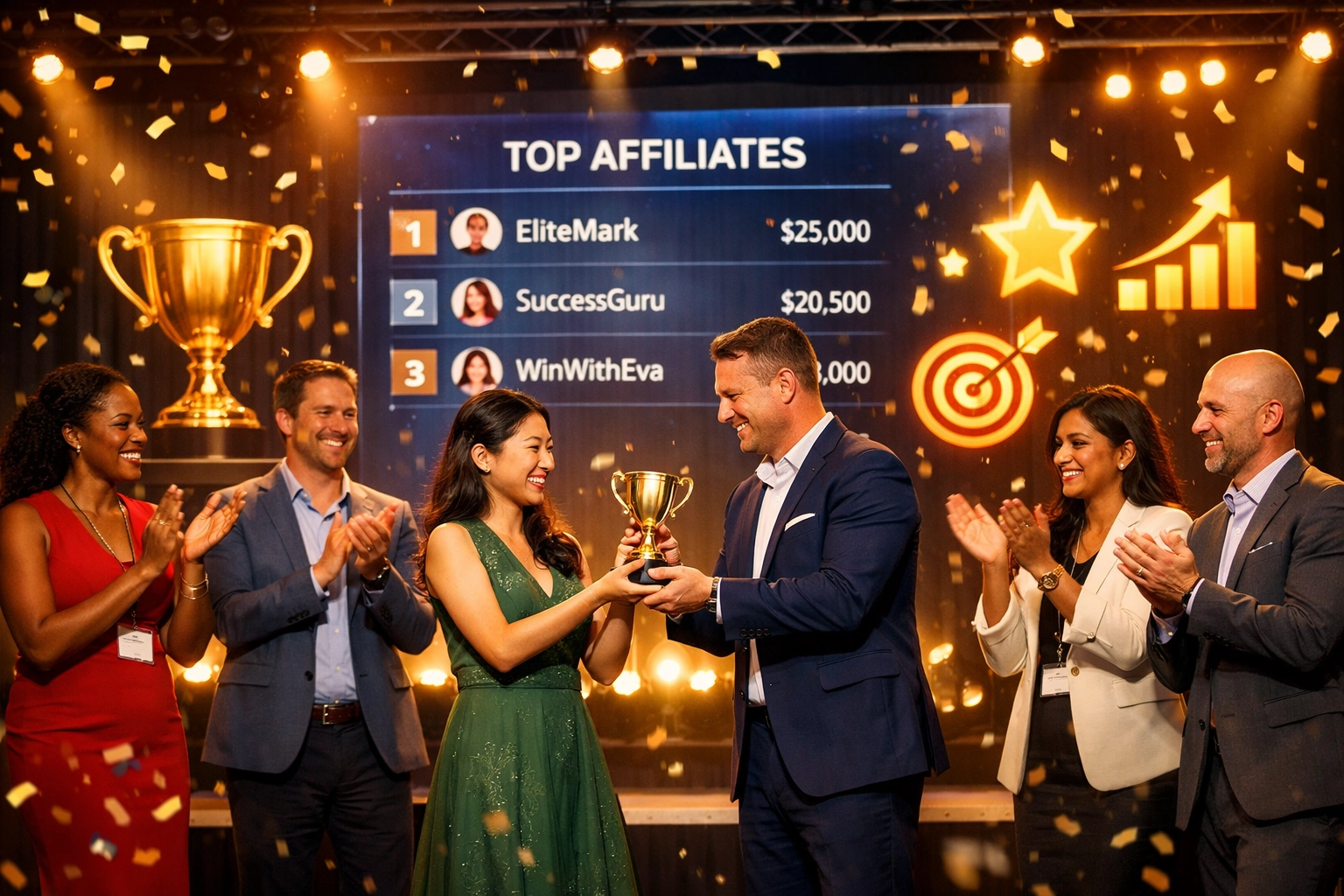 Evento de reconhecimento e celebração de conquistas de afiliados com grupo diverso comemorando o sucesso