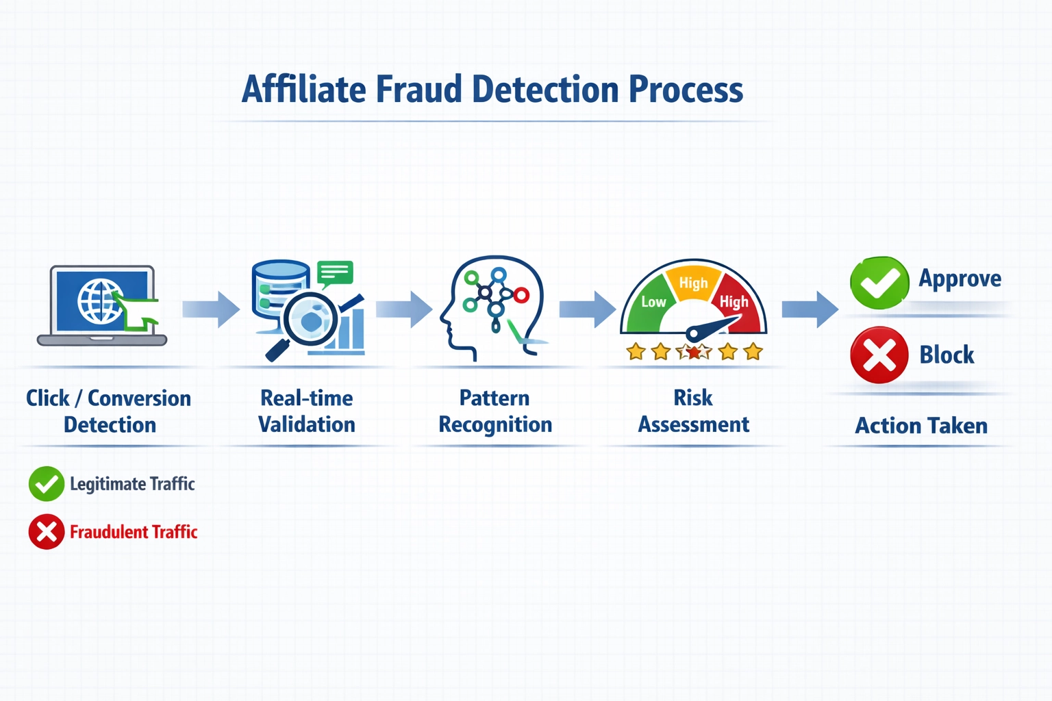 Fluxo do processo de detecção de fraudes em afiliados mostrando validação em tempo real e reconhecimento de padrões