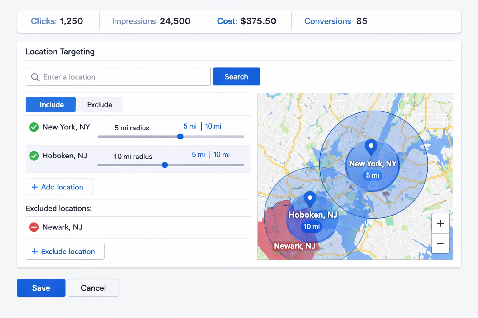 Painel de publicidade digital mostrando interface de configuração de campanha de geotargeting com controles de segmentação por localização