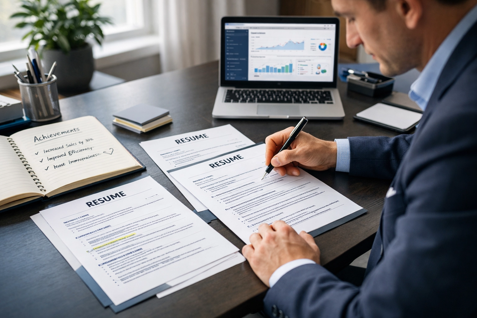 Profissional documentando conquistas e acompanhando métricas no currículo