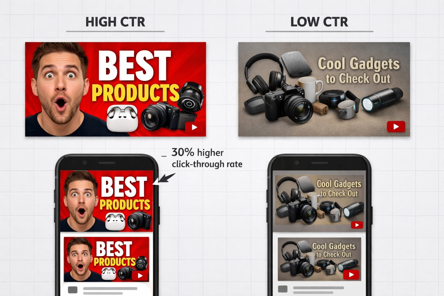 Comparação de miniaturas de vídeo do YouTube com alta e baixa conversão mostrando boas práticas de design