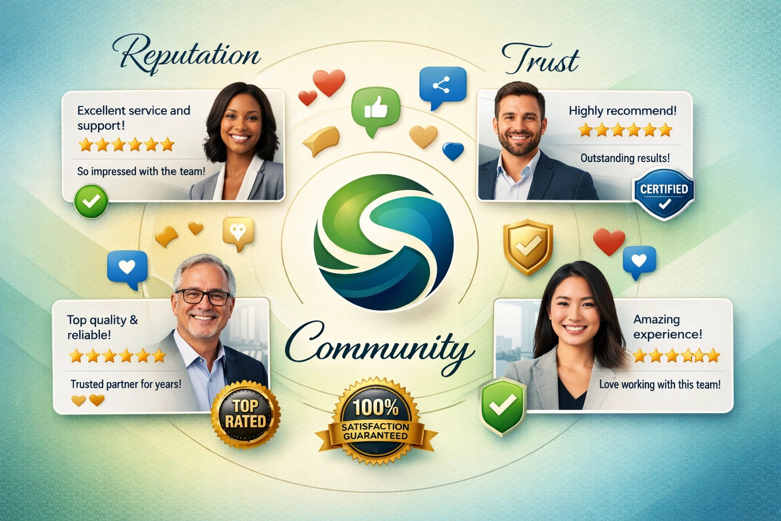 Visualização de reputação de marca com depoimentos, avaliações e símbolos de engajamento comunitário