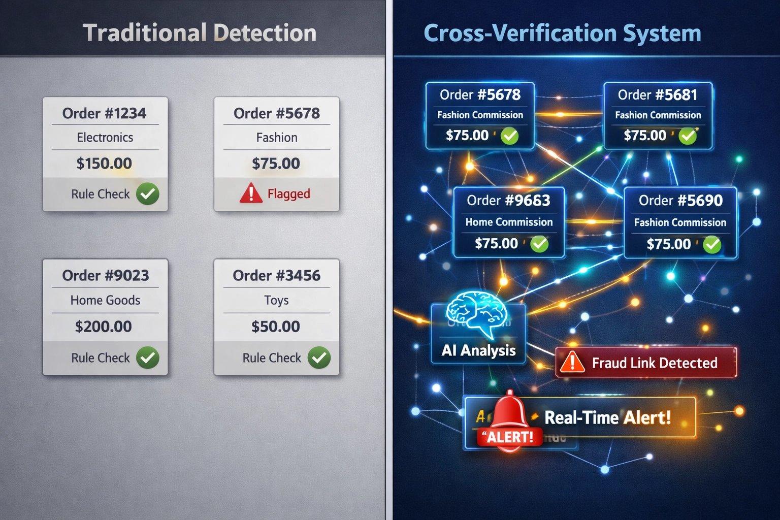 Comparison infographic showing traditional fraud detection versus advanced cross-verification system