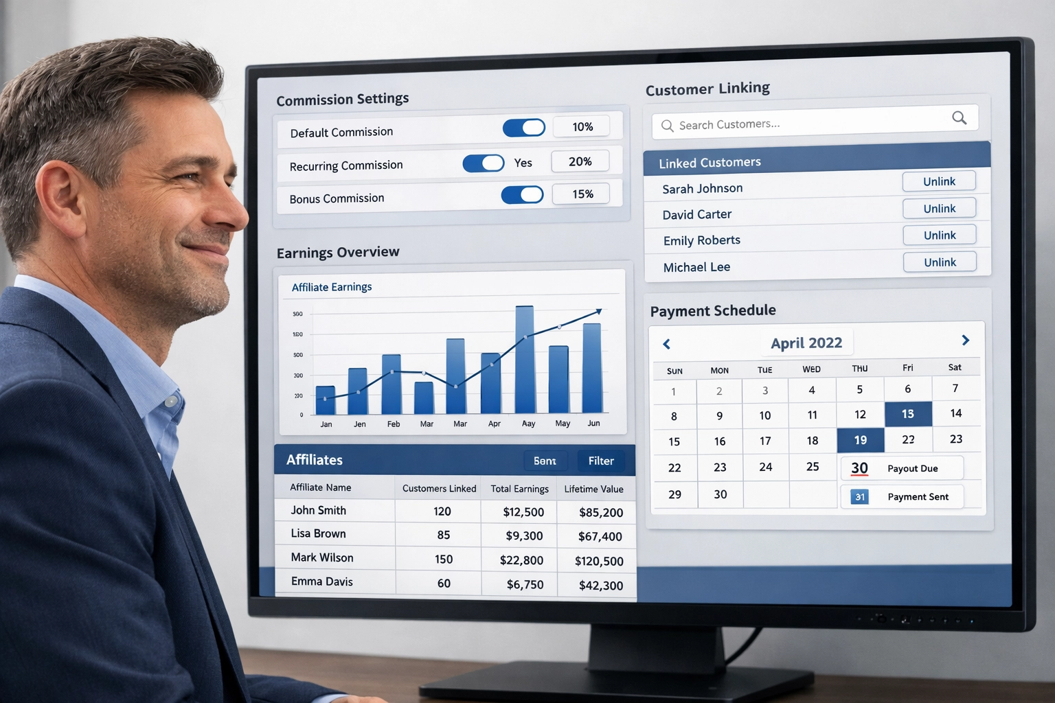 Painel de gestão de programa de afiliados mostrando configurações de comissão e interface de vinculação de clientes