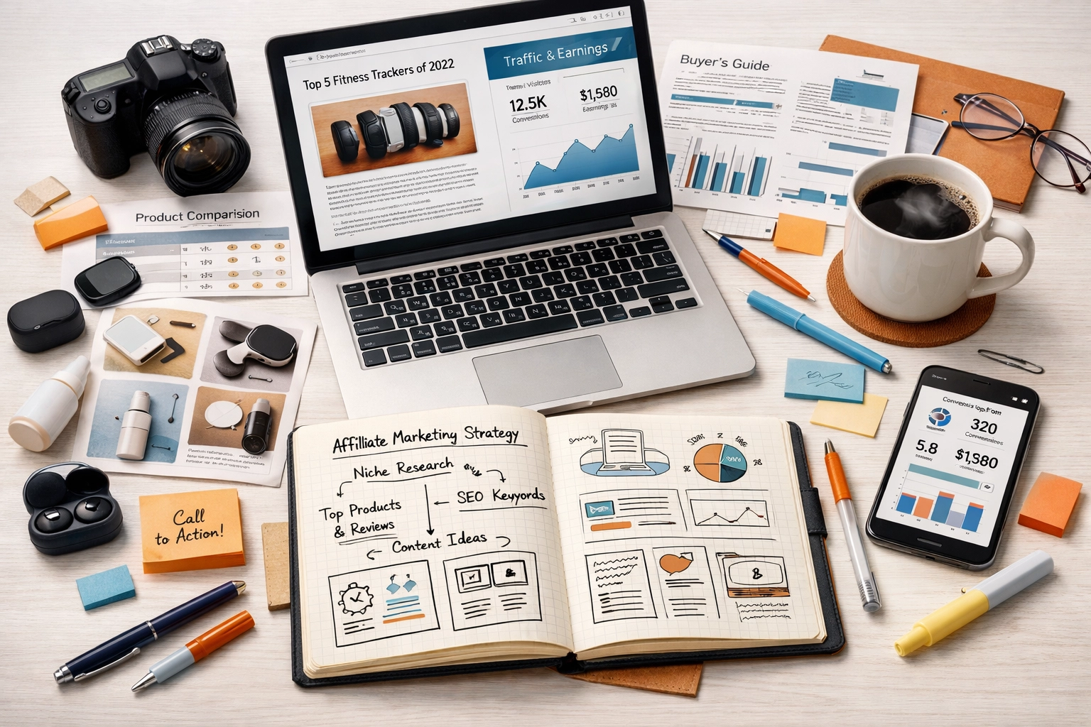 Ambiente de trabalho organizado mostrando criação de conteúdo e estratégia de marketing de afiliados