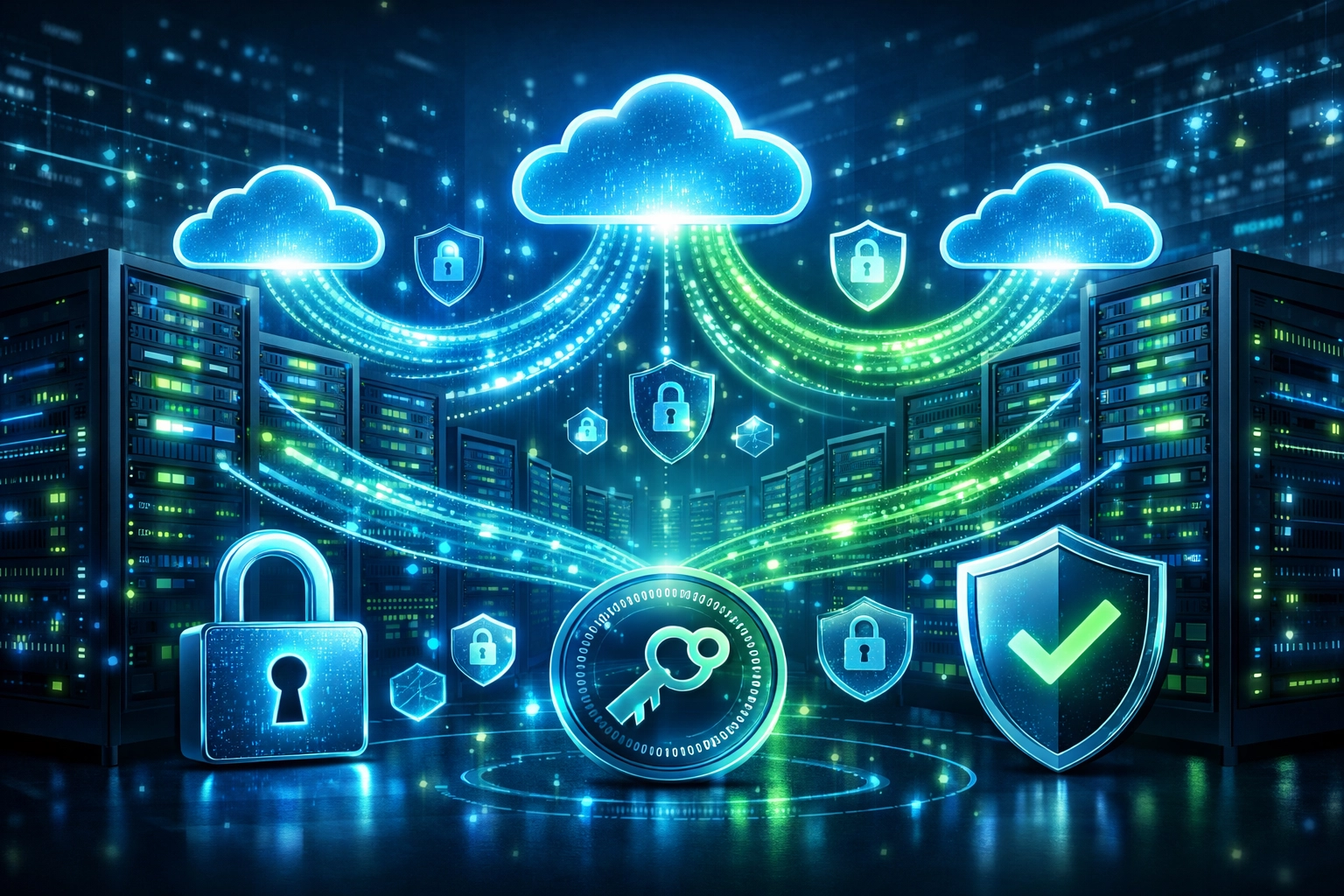 Visualização de armazenamento em nuvem e backup de dados com elementos de cibersegurança
