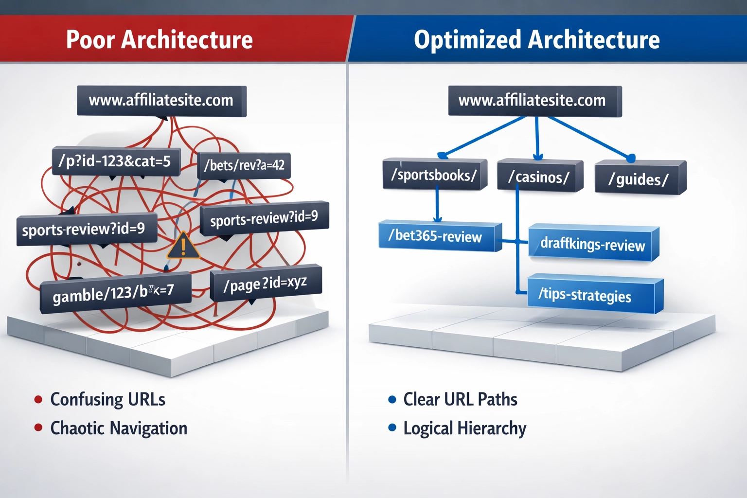 Comparação entre arquitetura ruim e otimizada de sites de afiliados de apostas