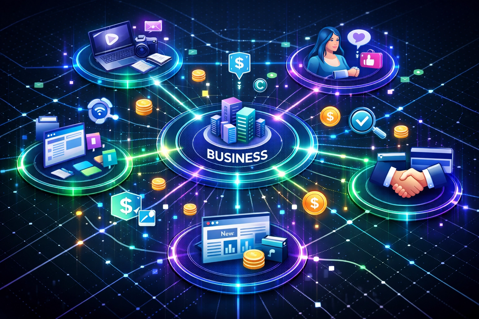 Ecossistema de rede de afiliados mostrando parceiros conectados e fluxo de dados