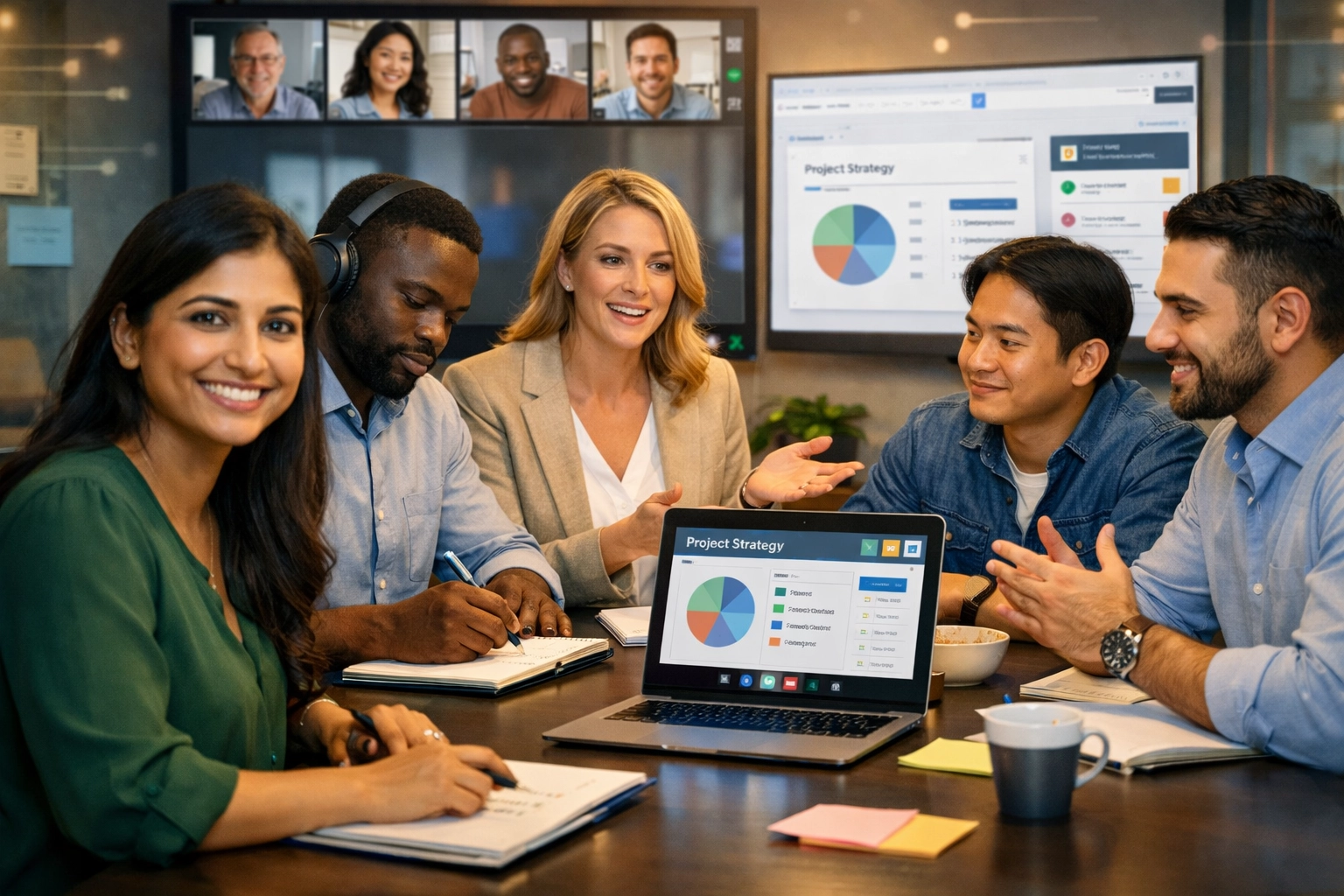 Parceiros afiliados diversos em uma reunião virtual colaborativa trabalhando em equipe