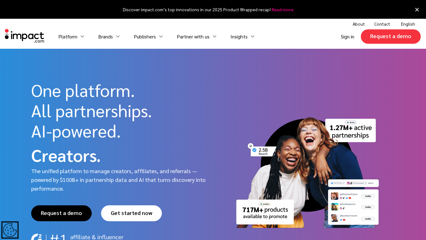 Interface da plataforma de software de afiliados Impact