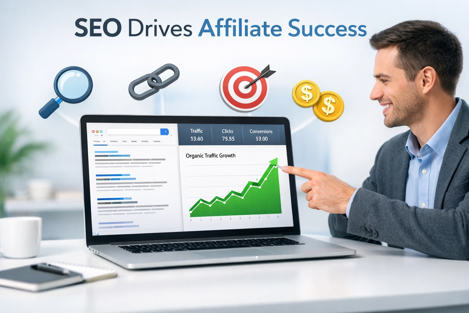 Ambiente profissional de marketing digital mostrando análises de SEO e métricas de sucesso em afiliados
