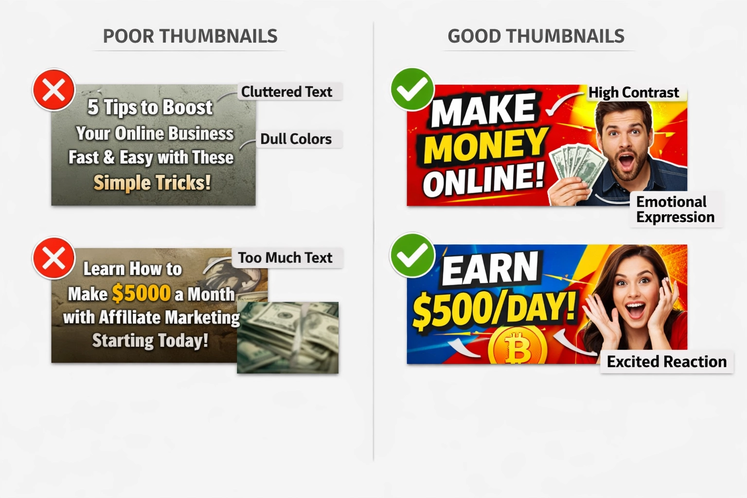 Comparação de thumbnails do YouTube mostrando bons e maus exemplos com anotações