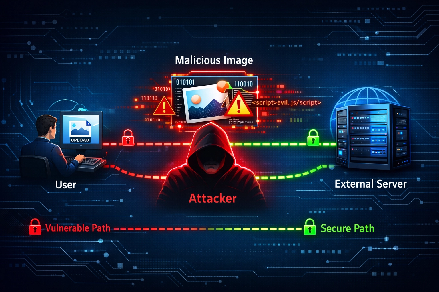 Man-in-the-middle attack on URL-based image uploads showing attacker intercepting malicious images