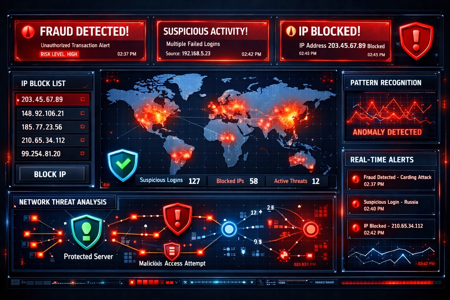 Painel avançado de detecção de fraude com alertas em tempo real e monitoramento de segurança