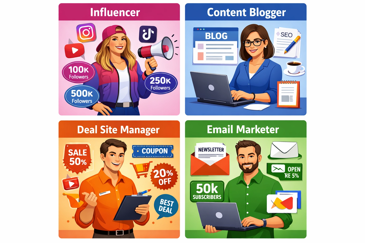 Diferentes personas de afiliados e estratégias de personalização