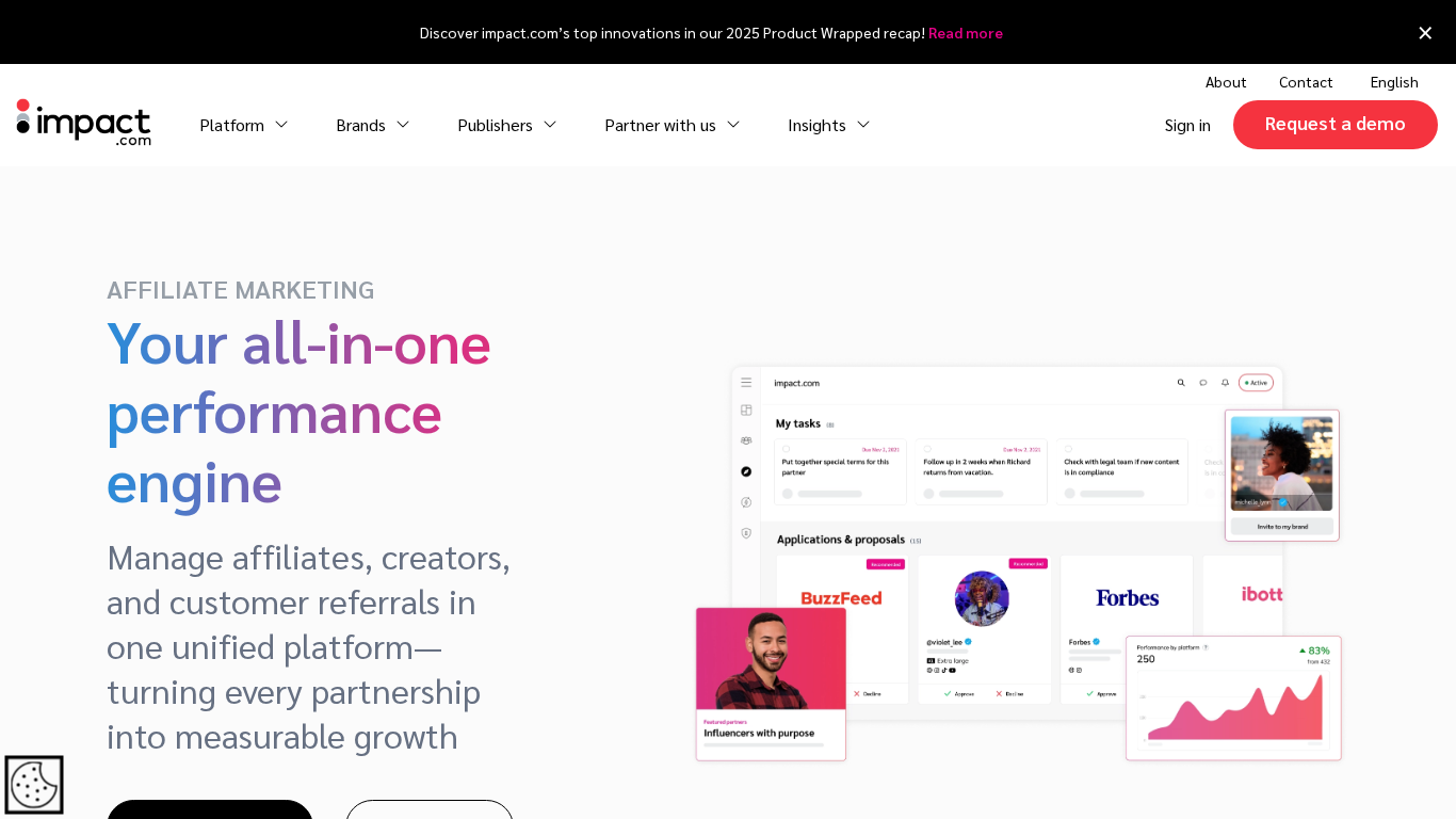 Interface da plataforma Impact de gestão de afiliados mostrando automação de parcerias e análises