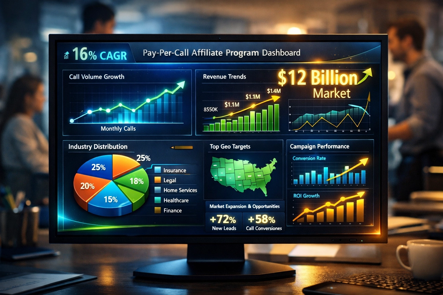 Painel de crescimento do mercado pay-per-call mostrando projeção de US$12 bilhões e CAGR de 16%