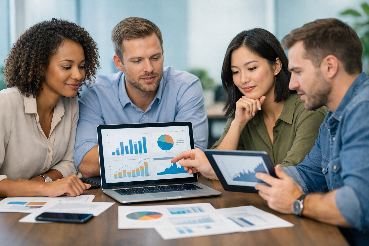 Equipe profissional avaliando programas de afiliados em laptops e tablets