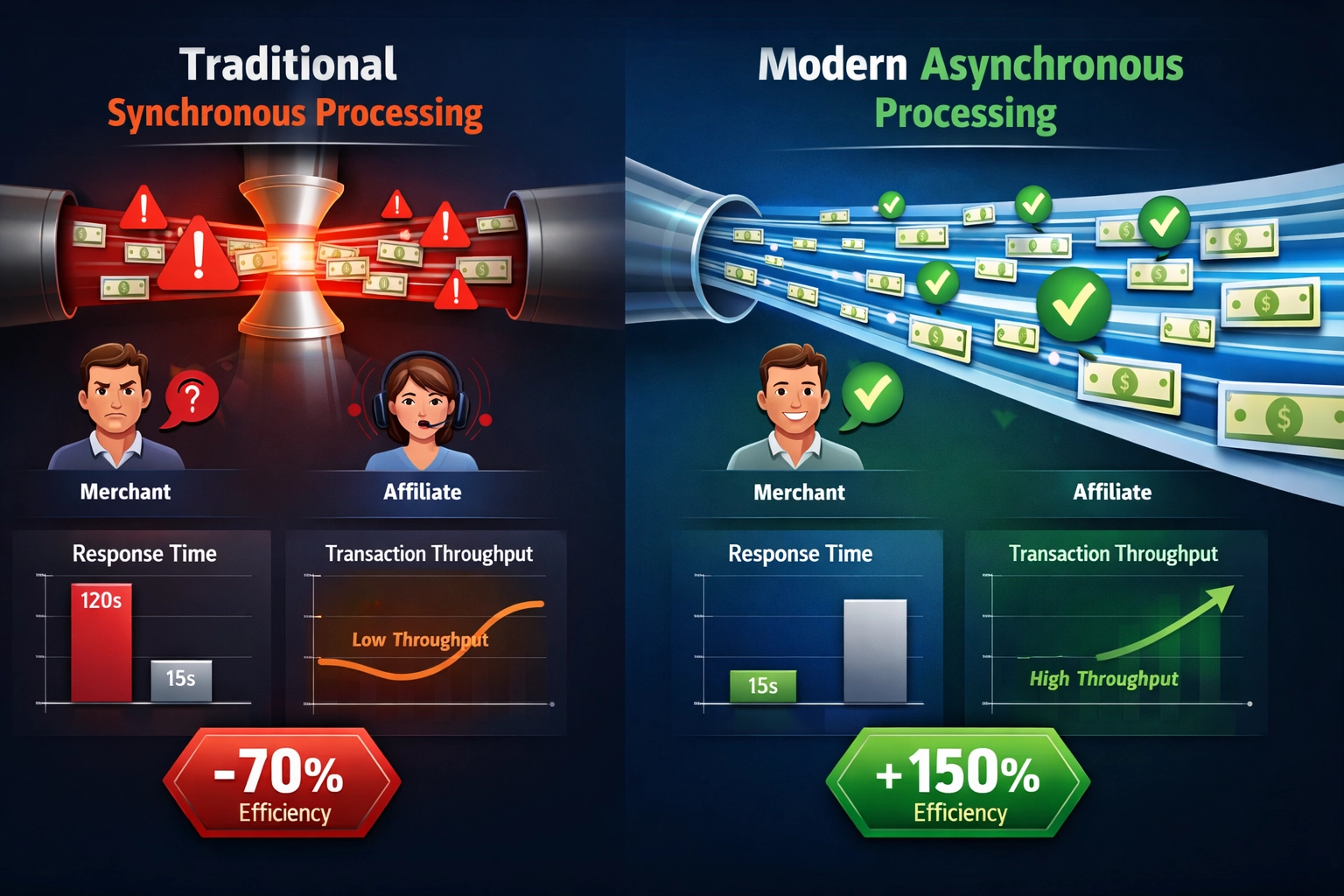 Visualização comparativa de desempenho mostrando processamento de pagamentos tradicional vs moderno