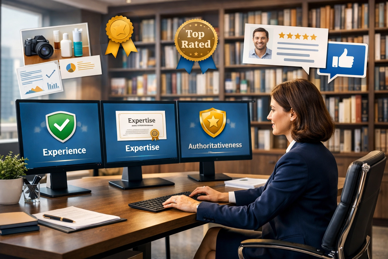 Visualização dos princípios E-E-A-T mostrando expertise e confiabilidade no conteúdo